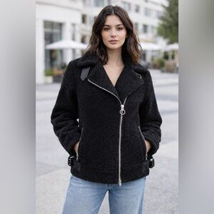 Topshop Borg Moto Jacket Womens Sz 4 6 Oversized Black Sherpa Fleece Teddy Coat